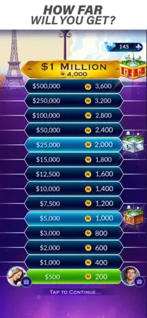 Millionaire prize ladder showing values from $500 to $1 million