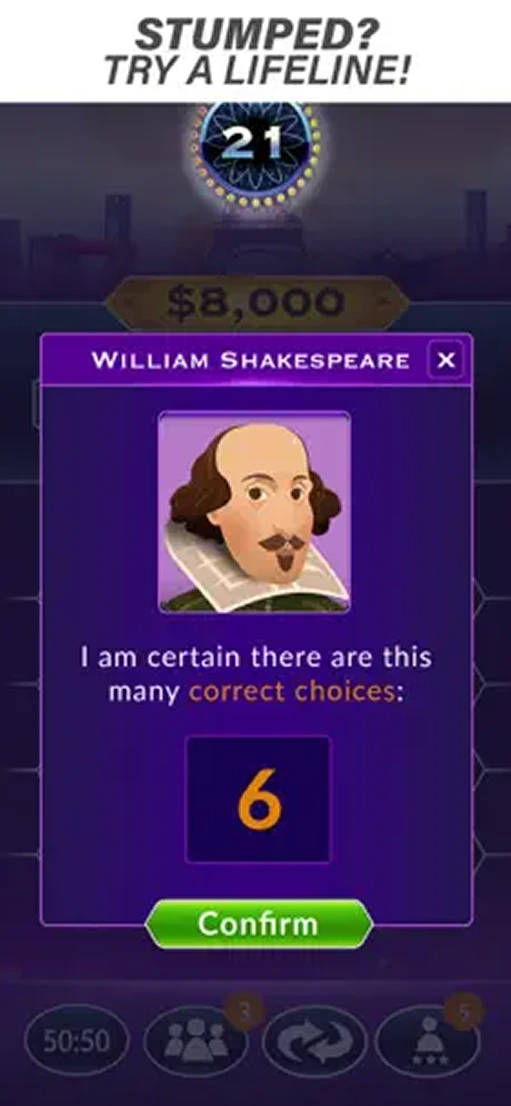 Millionaire lifeline screen with Shakespeare expert