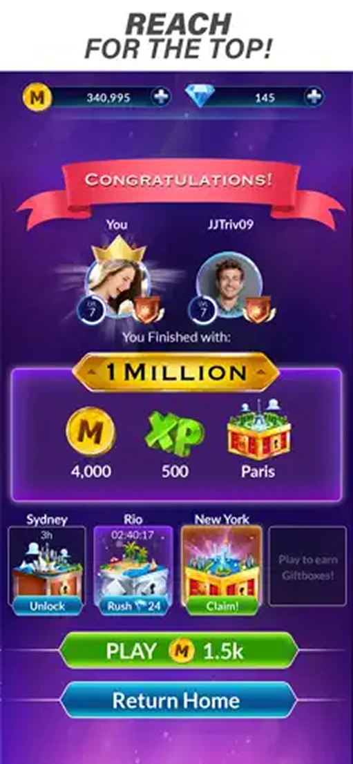 Millionaire victory screen showing $1 million win