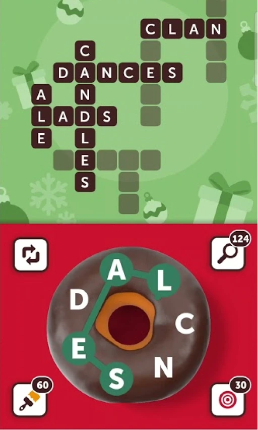 Tim's Word Challenge Christmas themed puzzle with words like CLAN and DANCES