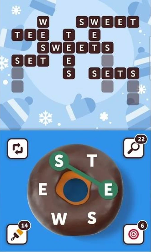 Tim's Word Challenge winter themed puzzle with SWEET words