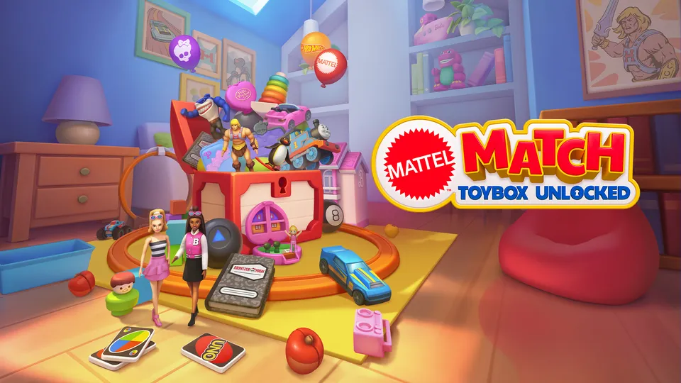 Colorful 3D rendered bedroom scene featuring various Mattel toys including Barbie dolls, Hot Wheels cars, and other iconic toys scattered around a playful room with the Mattel Match: Toybox Unlocked game logo