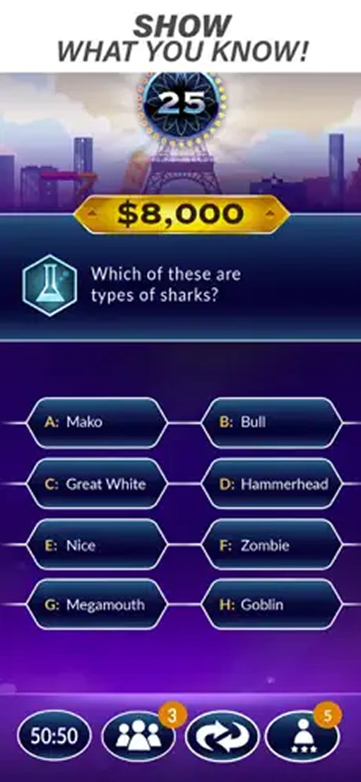 Millionaire question screen about types of sharks